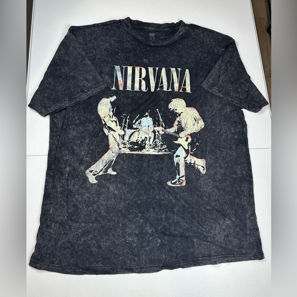 NIRVANA Black Short Sleeve Band Tee with Faded Multicolor Print